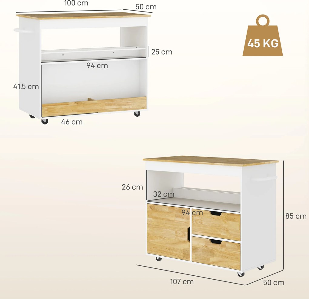 HOMCOM Cărucior de bucătărie, insulă de bucătărie mobilă, trolley de bucătărie cu compartimente, dulap și suprafață de lucru, Alb | Aosom Romania