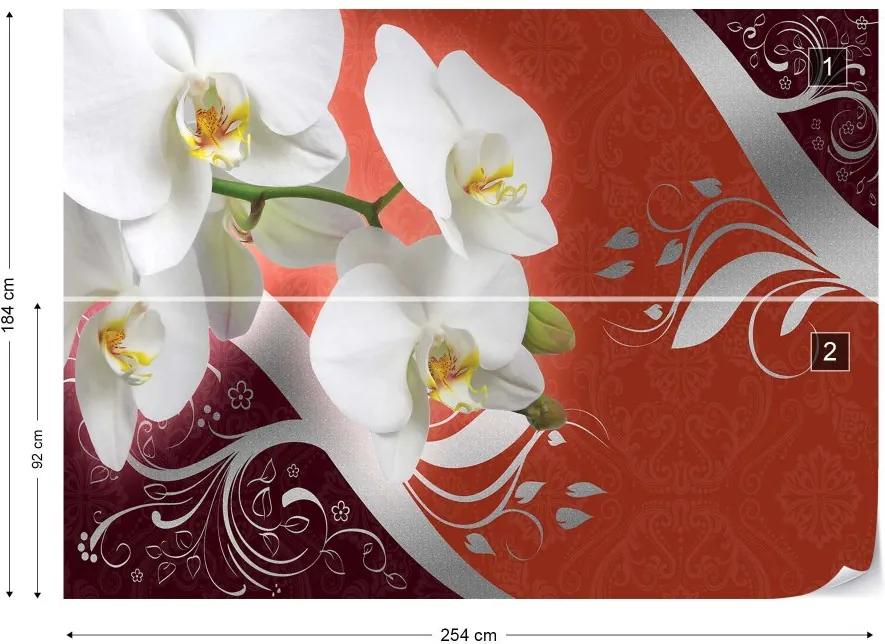 GLIX Fototapet - Orchids And Swirls Red Floral Design Vliesová tapeta  - 254x184 cm