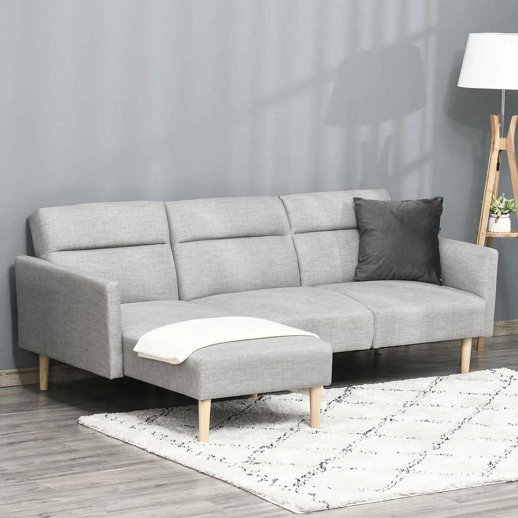 HOMCOM Canapea Extensibila cu 3 Locuri, Canapea pe Colt din Tesatura Gri cu Spatar Reglabil, Stil Scandinav, 207x146x80cm | Aosom Romania