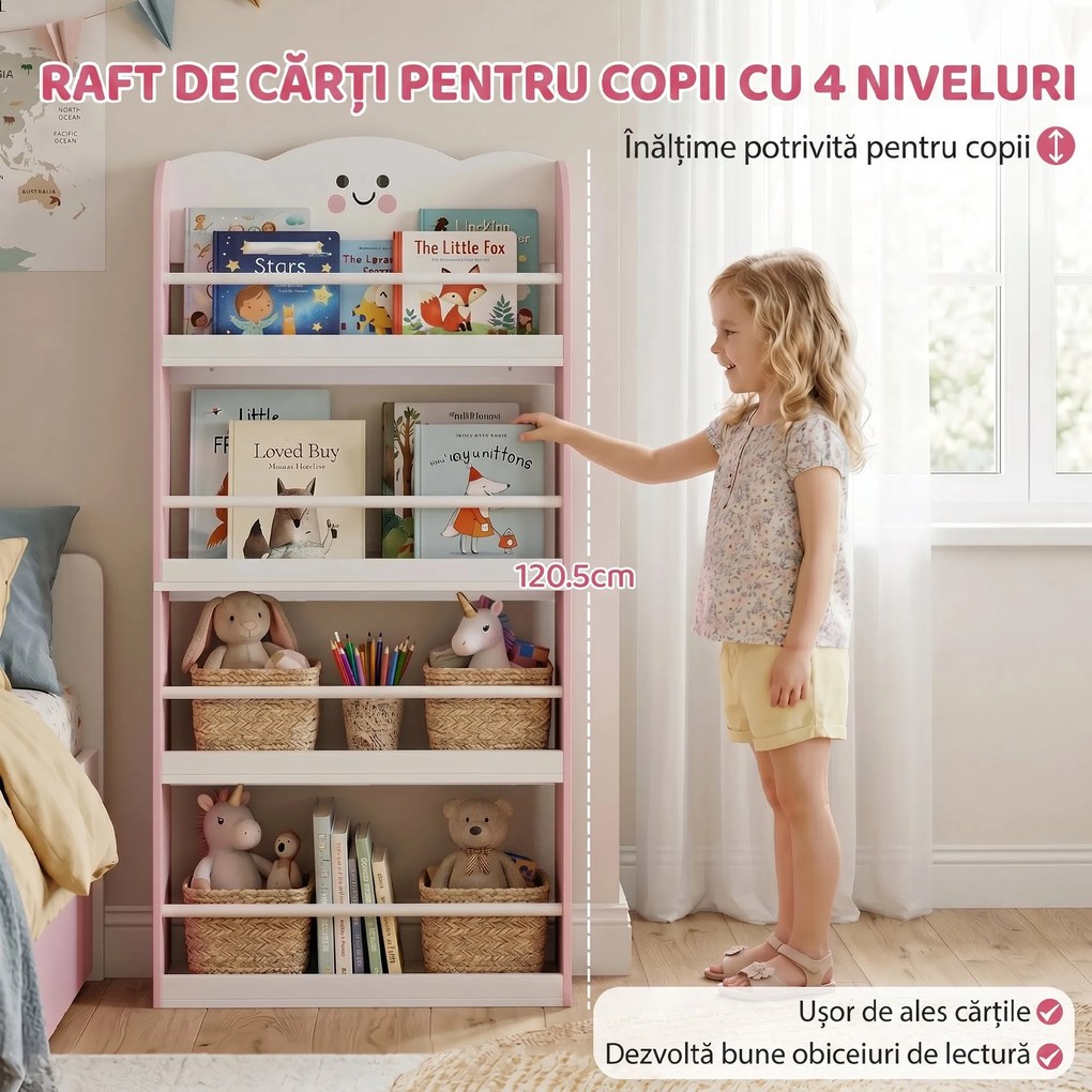 AIYAPLAY Bibliotecă Montessori Copii 3-6 Ani, Tematică Vată de Zahăr, 4 Rafturi din Lemn, Cameră Copii, Roz | Aosom Romania