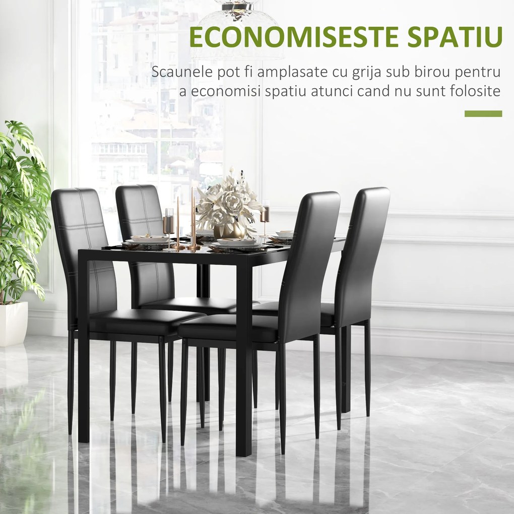 Homcom Set Masa de Luat Masa cu 4 Scaune Tapitate, Design Modern pentru Sala de Mese, Metal Sticlă PU, Negru | Aosom Romania