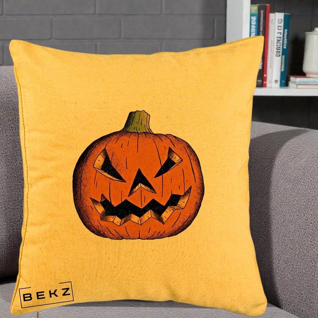 Perna Decorativa Halloween Dovleac Portocaliu Clasic, 40x40 cm, Galben, Husa Detasabila, Perna Inclusa, BEKZ®