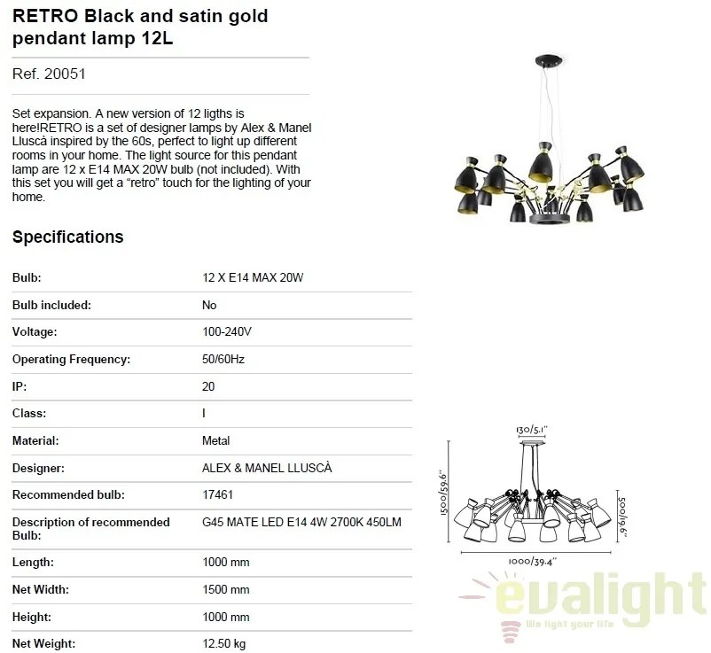 Lustra suspendata design Retro 20051 black and gold satin 12L