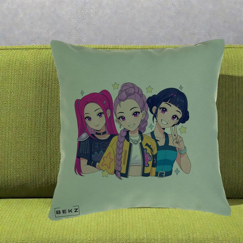 Perna Personalizata K-pop HUNTRX Trio Anime Stele, 40x40 cm, Verde, Husa Detasabila, Perna Inclusa, BEKZ®