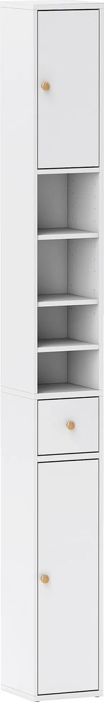 HOMCOM Dulap Înalt de Baie cu 2 Compartimente, 3 Rafturi Deschise și Sertar, 20x20x178 cm, Alb | Aosom Romania