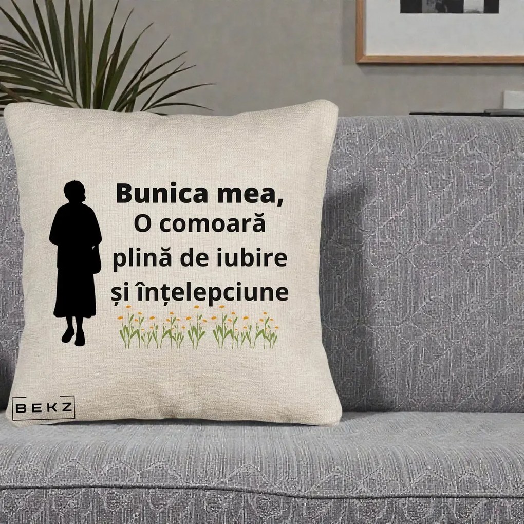 Cadou pentru Bunica - Perna Personalizata Bunica Mea Comoara Iubire Intelepciune Silueta cu Nepoata, 40x40 cm, Bej Canapea, Husa Detasabila, Perna Inclusa, BEKZ®