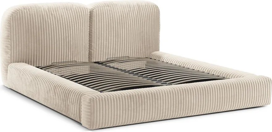 Pat matrimonial bej tapițat cu spațiu de depozitare cu somieră 180x200 cm Martina – Micadoni