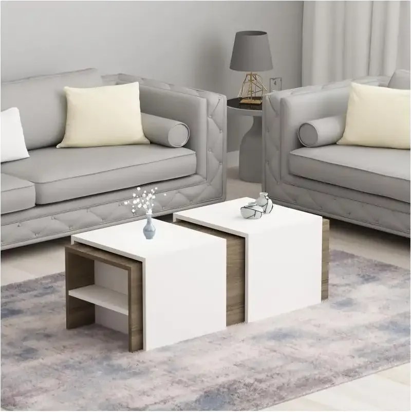 Masa cafea cu masute detasabile Mora Homs alb-nuc