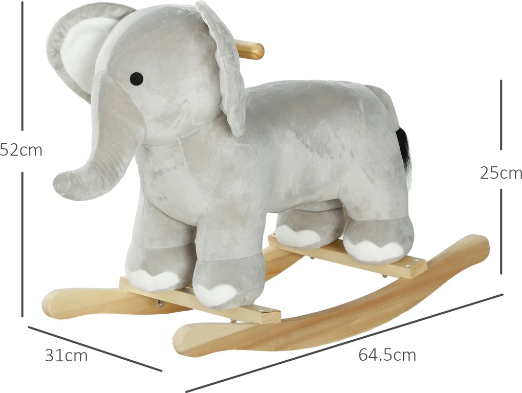 AIYAPLAY Balansoar în Formă de Elefant, Căluț Balansoar din Lemn cu Bază și Sunete Realistice, 64,5x31x52 cm, Gri | Aosom Romania