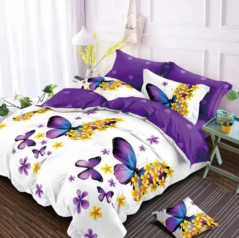 Lenjerie pat dublu cu două feţe  4 piese  Bumbac Satinat Superior  Mov  fluturi  flori