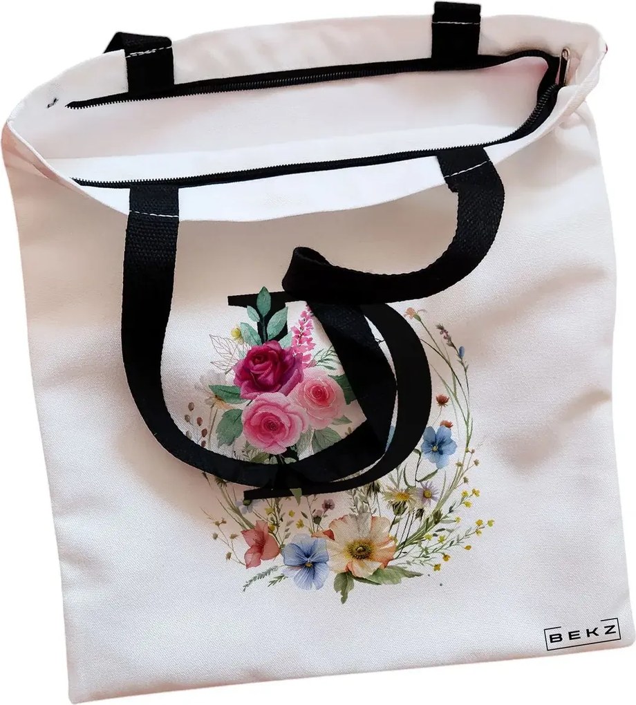 Sacosa de Panza pentru Cumparaturi, Geanta Tote, Cu litera D in Coronita Florala, Cu fermoar, 38x34.5 cm, Alba, BEKZ®