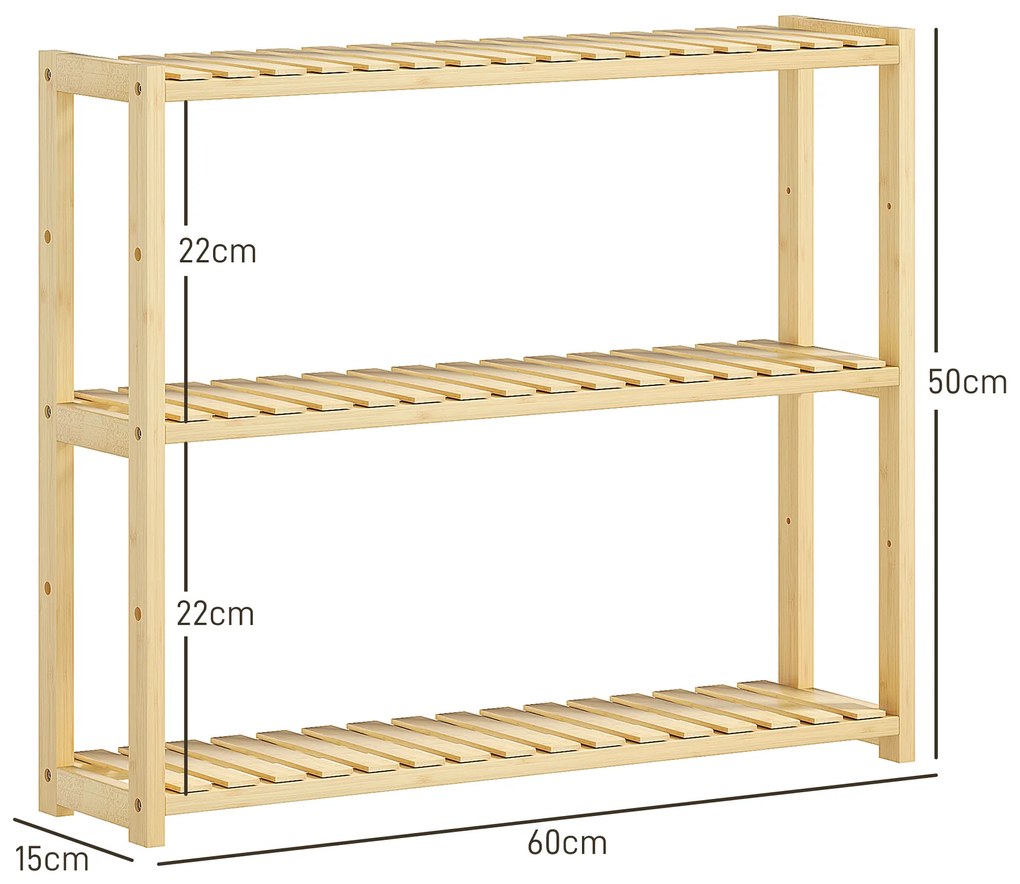 HOMCOM Etajeră de Baie cu 3 Rafturi Reglabile pe 5 Nivele, Dulap de Depozitare din Bambus, 60x15x50 cm, Lemn Natural | Aosom Romania