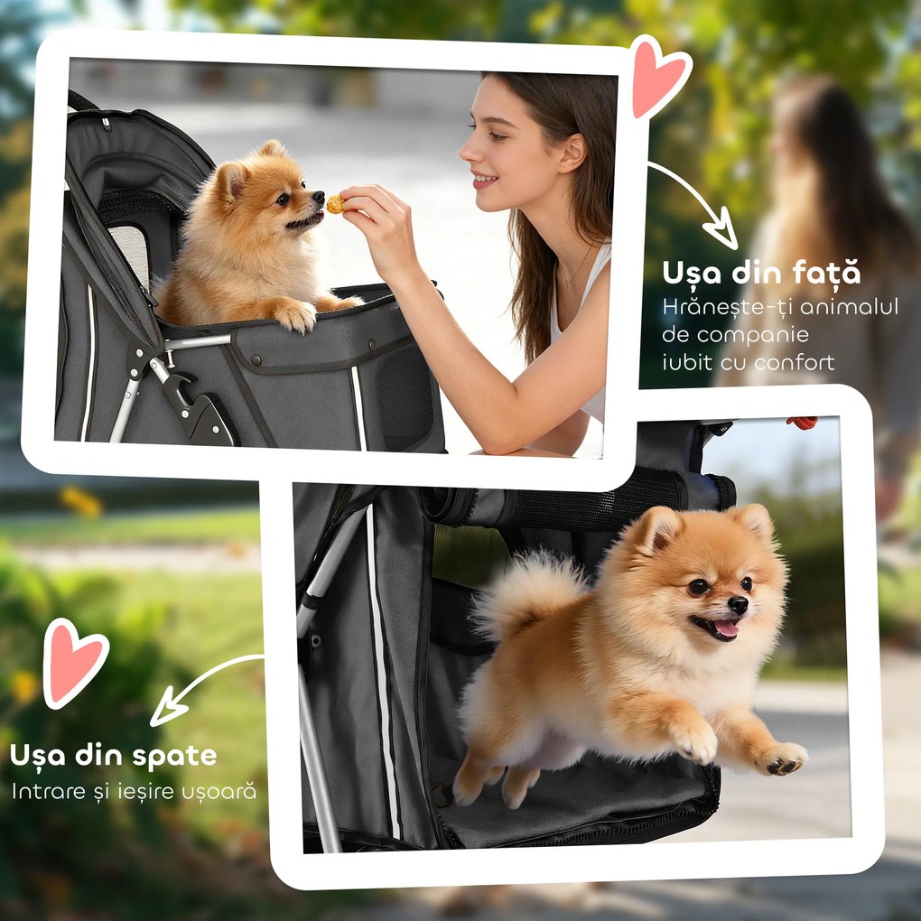 PawHut Cărucior Pliabil pentru Câini cu Suport pentru Pahare și Coș, din Oțel și Poliester, 75x45x97 cm, Gri Închis | Aosom Romania