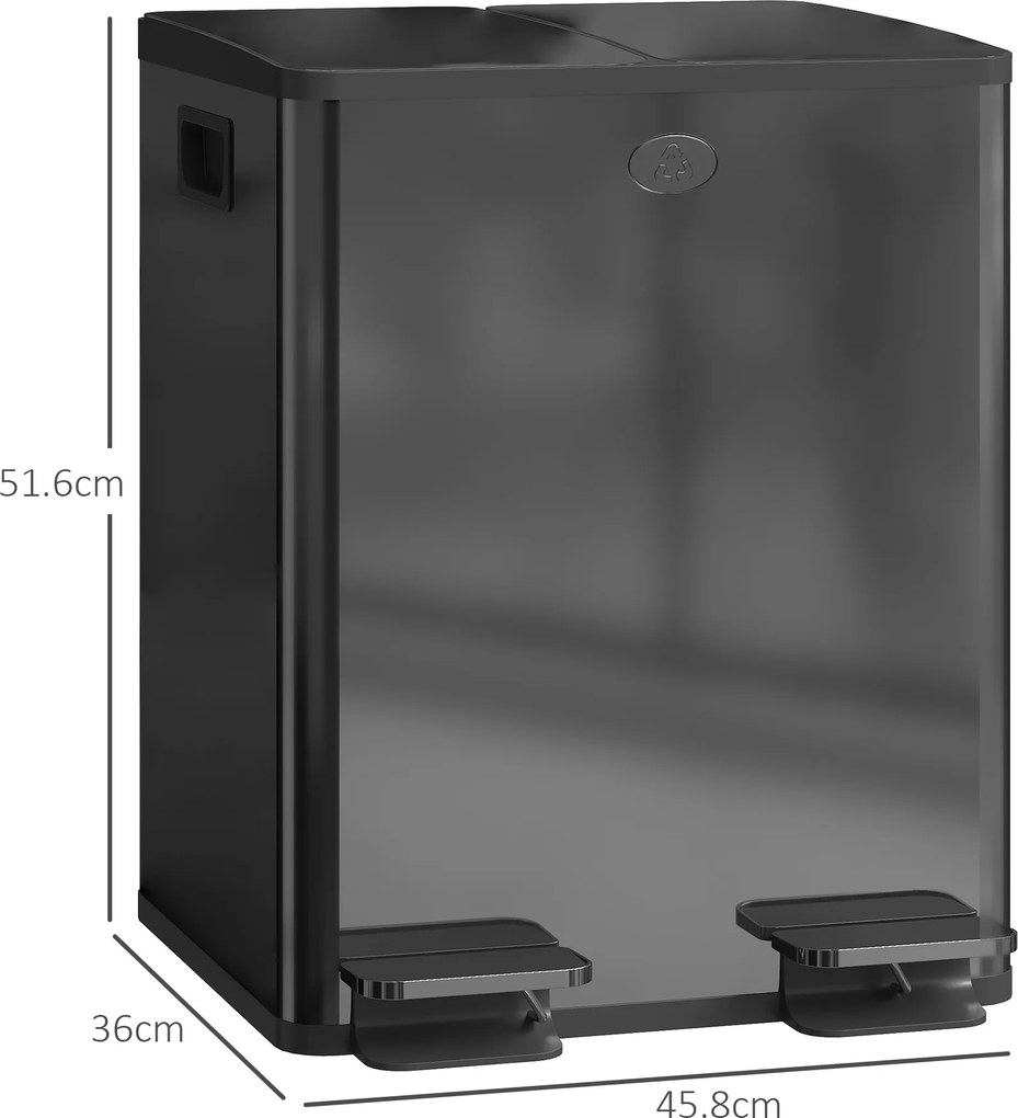 HOMCOM Coș dublu 2 x 20 L, deschidere cu pedală, ușor de curățat, oțel inoxidabil, plastic, negru | Aosom Romania