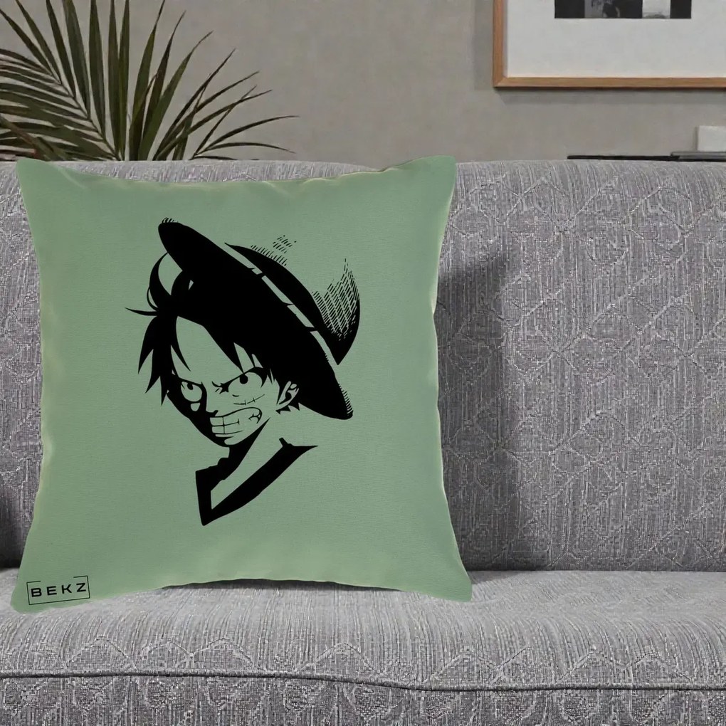 Perna Personalizata One Piece Luffy Silueta Alb-Negru, 40x40 cm, Verde, Husa Detasabila, Perna Inclusa, BEKZ®