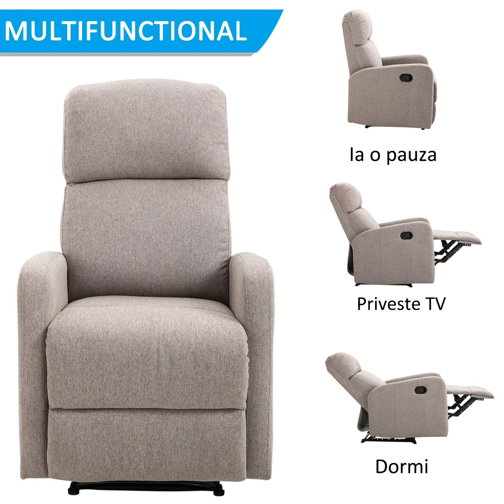 HOMCOM Fotoliu Relax Rabatabil Manual cu Taburet Capacitate maxima 125kg Tesatura de Lin 66 × 95 × 99cm