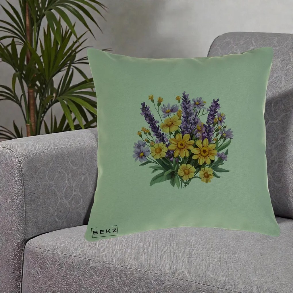 Perna Decorativa Lavanda cu Margarete Galbene si Lila, 40x40 cm, Verde, Husa Detasabila, Perna Inclusa, BEKZ®