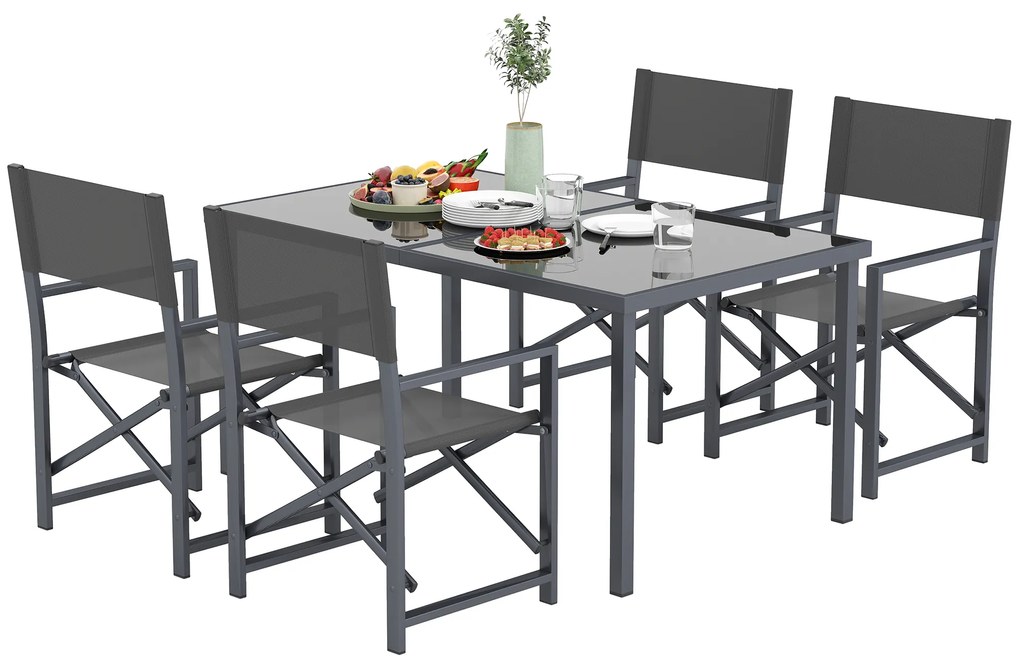 Outsunny Set de masă pentru 5 persoane Grup de scaune din oțel cu 4 scaune pliante Masă de sticlă Gri | Aosom Romania