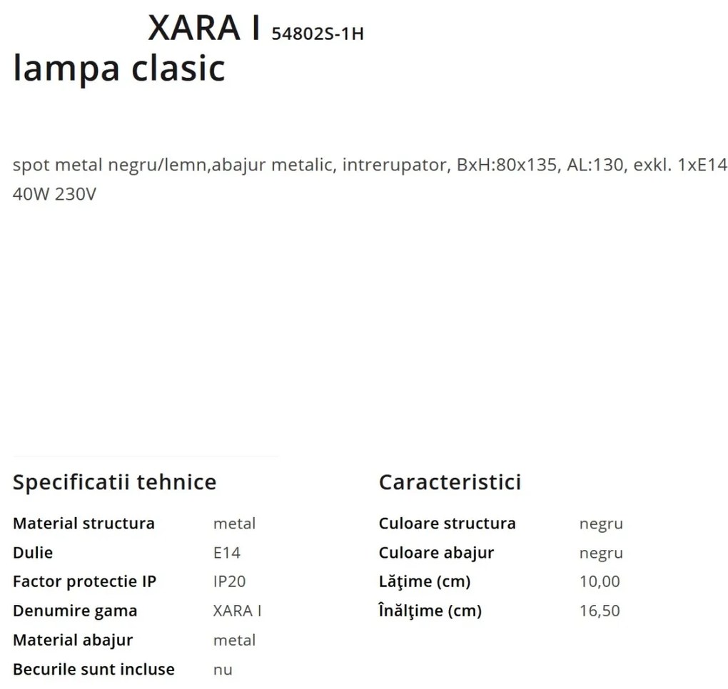 Aplica de perete moderna cu spot XARA I negru/lemn
