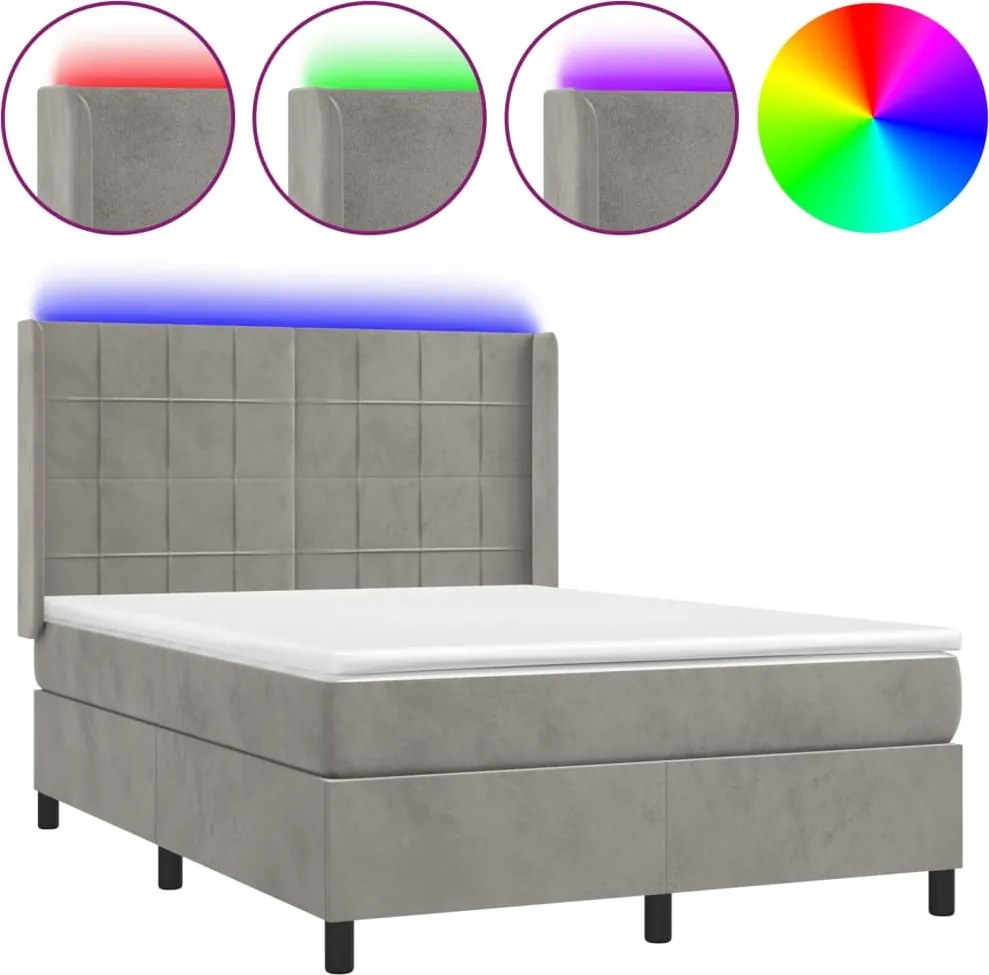 vidaXL Pat continental cu saltea și LED gri deschis 140x190 cm catifea
