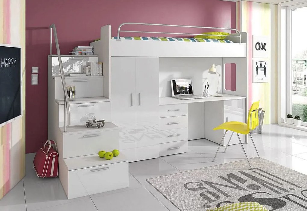 Supermobel Pat supraetajat pentru copii RAJ IVs COLOR, 80x200, orientare universale, alb/gri luciu