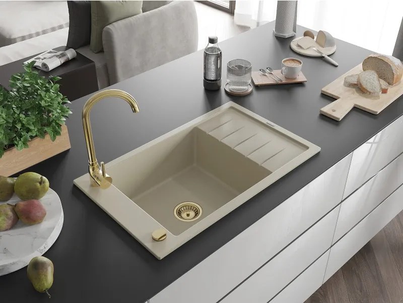 Mexen Elias chiuvetă din granit cu 1 compartiment cu scurgător 795 x 480 mm, bej, sifon auriu - 6511791005-69-G