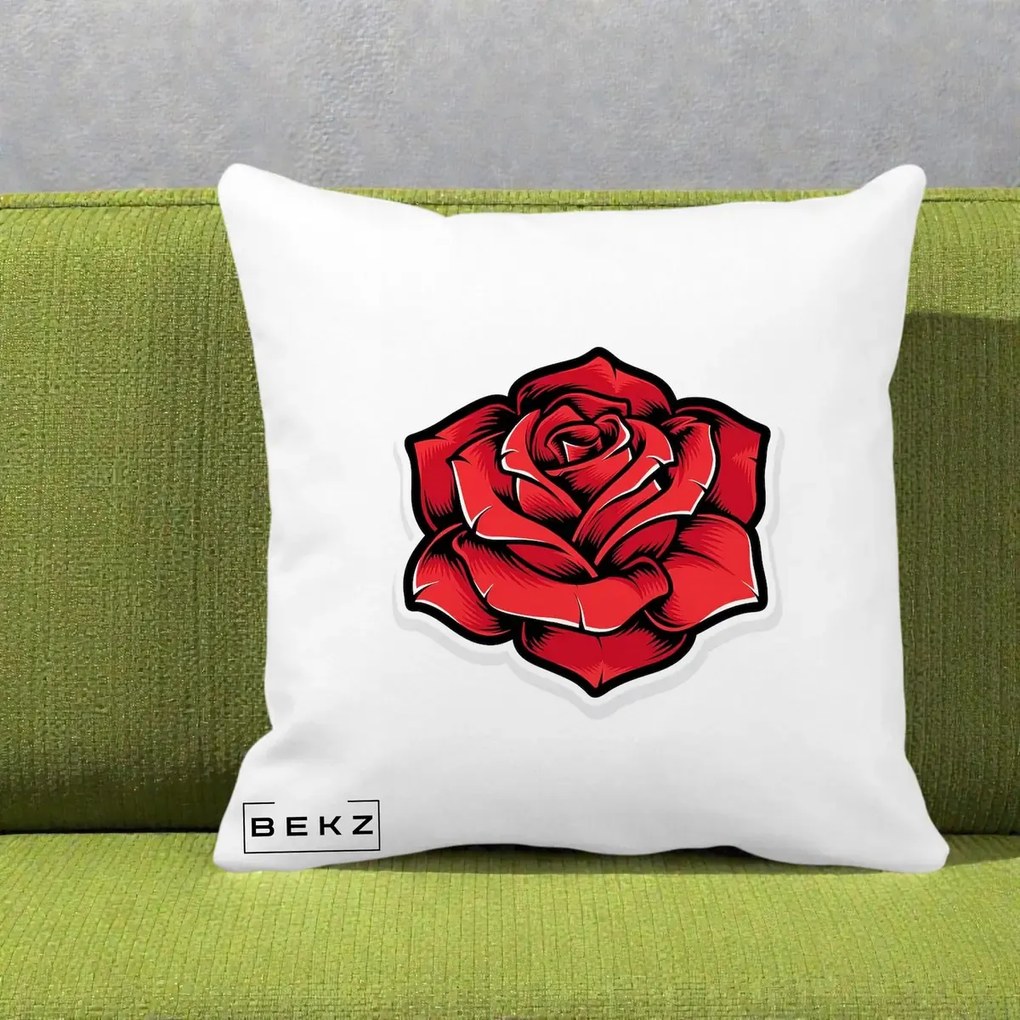 Perna Decorativa Trandafir Rosu Tattoo, 40x40 cm, Alba Mata, Husa Detasabila, Perna Inclusa, BEKZ®