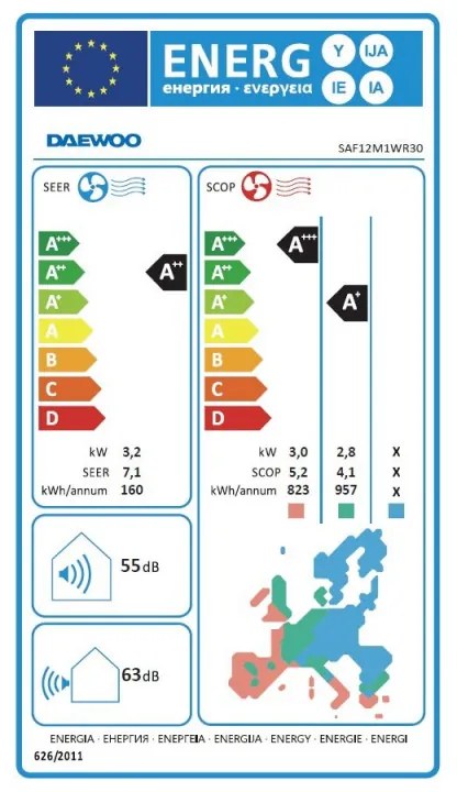 Aparat de aer conditionat invertor Daewoo SAF12M1WR30, 12000 BTU, A+++ / A++, Pana la 25 m², Condensator placat cu aur, Filtru cu carbon activ, Alb