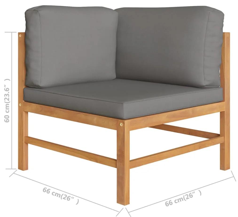 Set mobilier gradina cu perne gri, 5 piese, lemn masiv de tec Gri, 2x colt + mijloc + suport pentru picioare + masa, 1