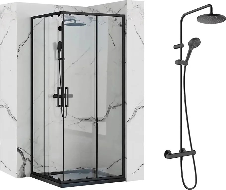 Pachet cabina de dus Rea Punto negru 90x90 cm si coloana de dus Hansgrohe Vernis Blend negru