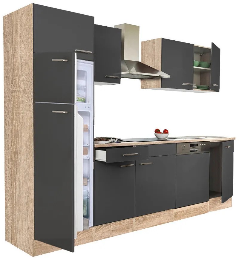 Mobilă de bucătărie Yorki 280, corp stejar sonoma, față antracit satinat, frigider cu congelator superior