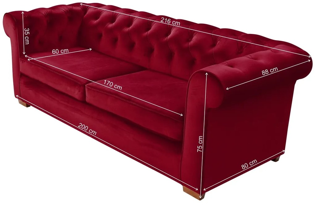 Canapea extensibila Oxford Chesterfield, 88x216x75 cm, 3 locuri, Red
