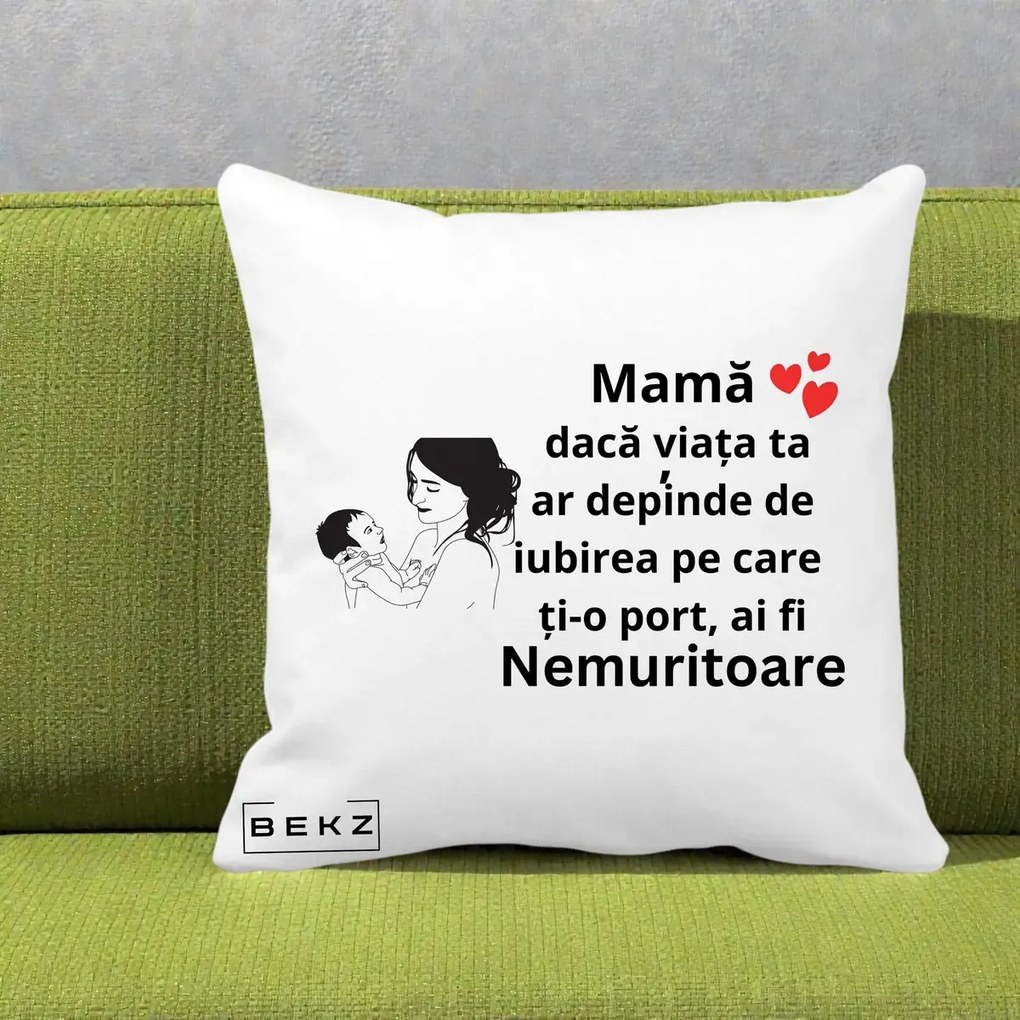 Cadou pentru Mama - Perna Personalizata Mama Nemuritoare Imbratisare Copil, 40x40 cm, Alba Mata, Husa Detasabila, Perna Inclusa, BEKZ®