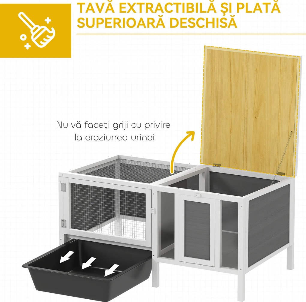 PawHut Conigliera de Exterior cu Casă, Zonă de Alergare și Tavă, Cușcă pentru Iepuri din Lemn de Brad, Metal, PET și Acoperiș din Bitum, 105 x 57.5 x 51.5 cm, Multicolor | Aosom Romania