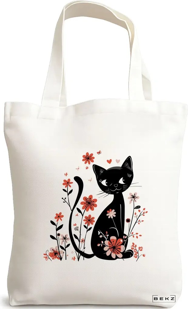 Sacosa de Panza pentru Cumparaturi, Geanta Tote, model Cat and Flowers 8, 38 x 34.5 cm, Alba, BEKZ®
