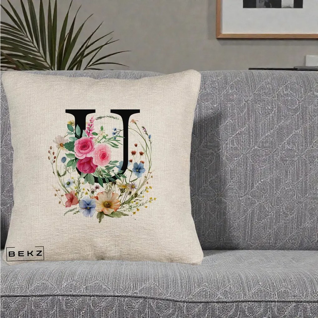 Cadou Personalizat - Perna Personalizata Monogram Litera U cu Flori Acuarela, 40x40 cm, Bej Canapea, Husa Detasabila, Perna Inclusa, BEKZ®