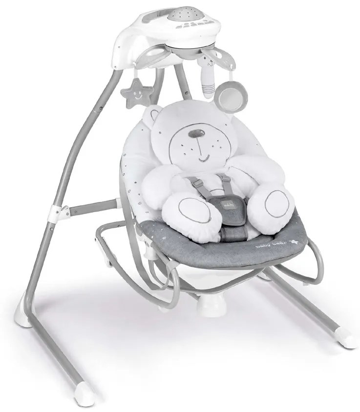 Balansoar si scaun 2 in 1 cu melodii si sunete, 4 viteze pentru leganare bebe, proiector de lumina, Orso Grigio