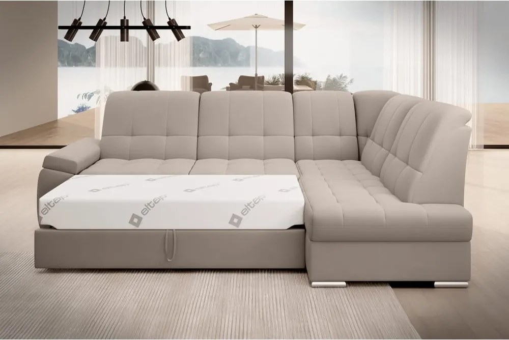 Colțar bej extensibil/cu spațiu de depozitare cu tapițerie din catifea (cu colț pe partea dreaptă/în formă de ”L”) Sado – ELTAP