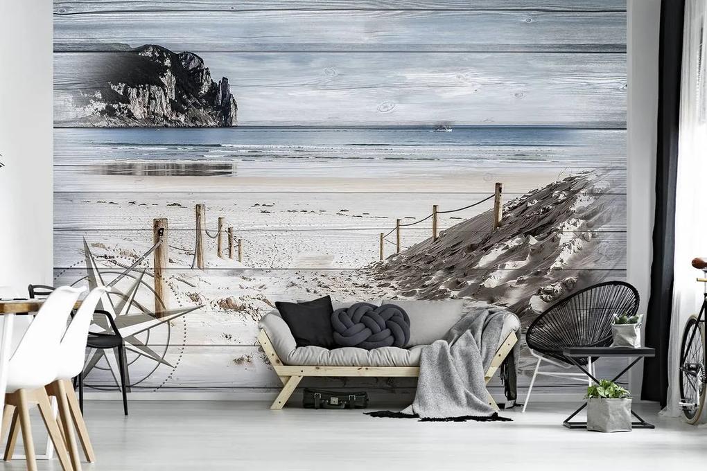 Fototapet - Intare pe plajă - imitație de lemn (254x184 cm), în 8 de alte dimensiuni noi
