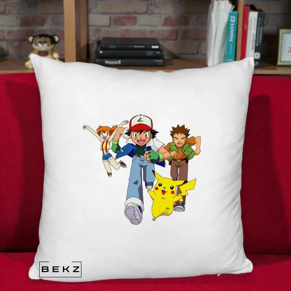 Perna Personalizata Pokemon Ash Misty Brock si Pikachu, 40x40 cm, Alb Pufos, Husa Detasabila, Perna Inclusa, BEKZ®