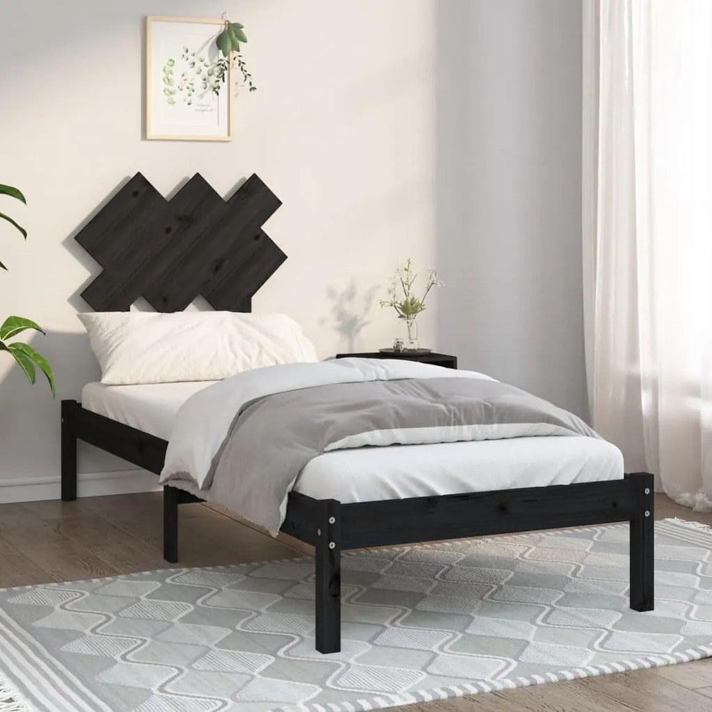 3104832 vidaXL Cadru de pat mic single 2FT6, negru, 75x190 cm, lemn masiv