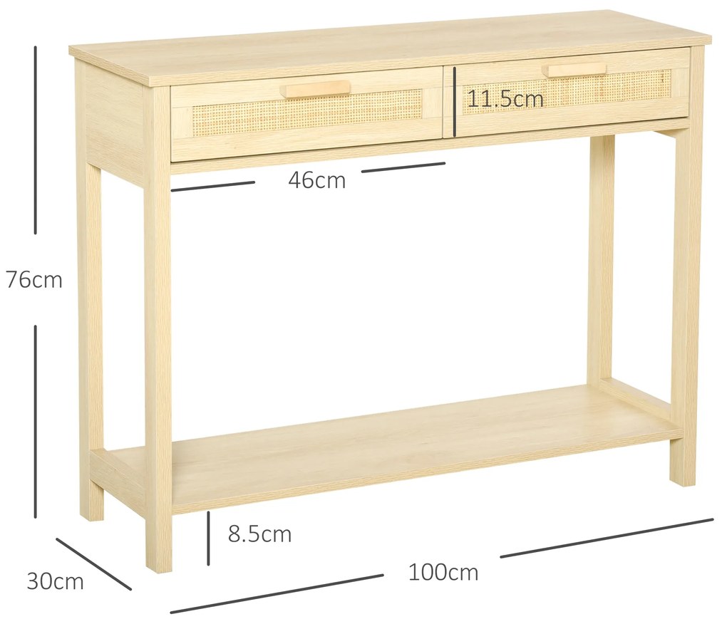 HOMCOM Consola din lemn pentru intrare, sufragerie, salon, cu 2 Sertare, Stil Shabby Chic Culoare Lemn, 100x30x76cm