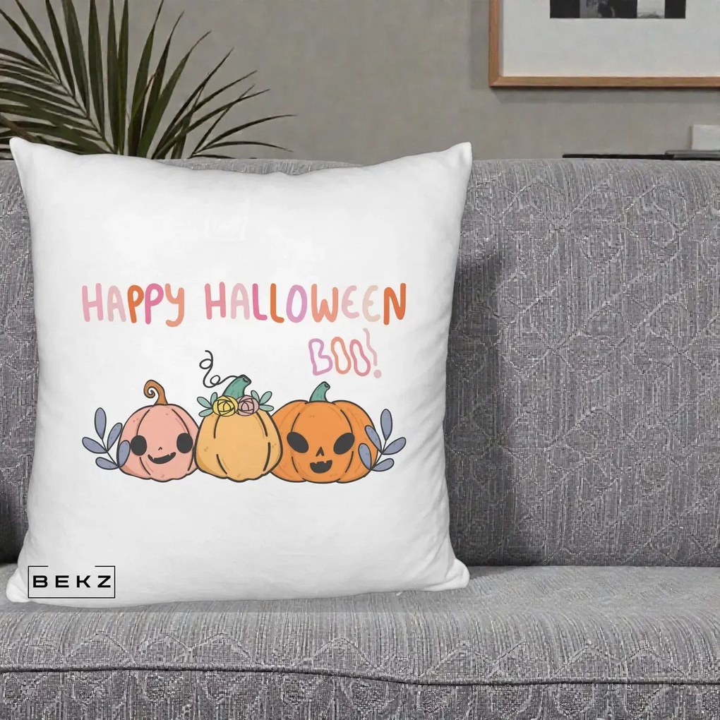 Perna Decorativa Happy Halloween Boo Trei Dovlecei Kawaii, 40x40 cm, Alb Pufos, Husa Detasabila, Perna Inclusa, BEKZ®