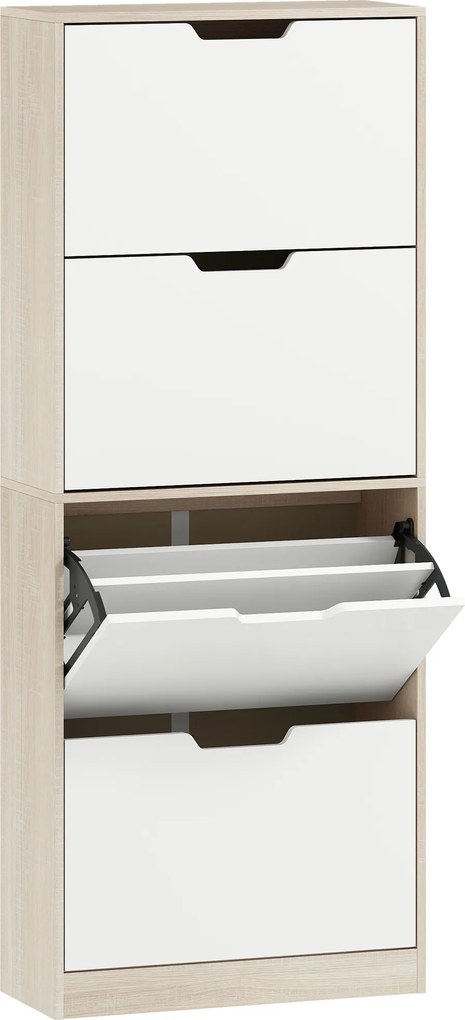 HOMCOM Dulap Subțire pentru Pantofi cu 4 Sertare pentru 16 de Perechi de Pantofi 62.5x26x156 cm, Culoare Lemn și Alb | Aosom Romania