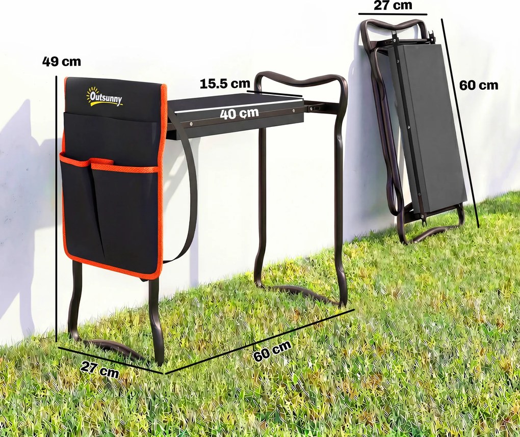 Outsunny Taburet de grădină pliabil cu pernă EVA Scaun de grădină cu geantă pentru unelte la talie Sarcină 150kg | Aosom Romania