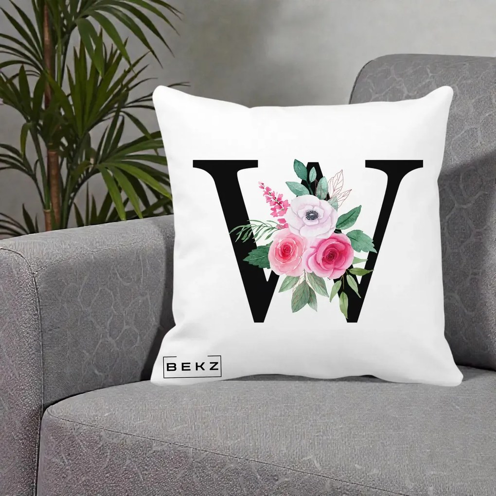 Cadou Personalizat - Perna Personalizata Monograma Florala Litera W cu Trandafiri si Anemona, 40x40 cm, Alba Mata, Husa Detasabila, Perna Inclusa, BEKZ®