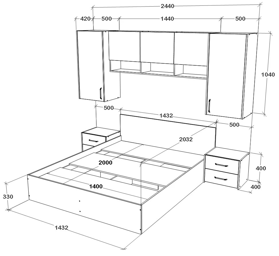 Set dormitor Malmo V13, Pat 200 x 140 cm, Stejar Alb/Antracit