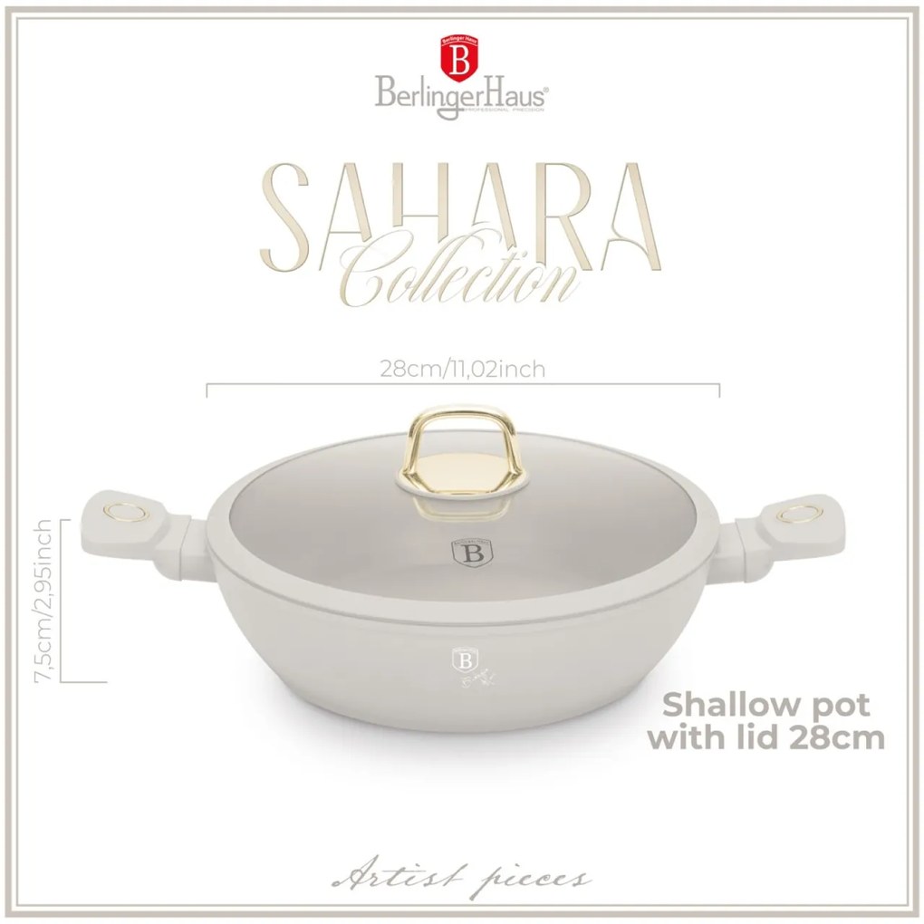 Cratiță cu capac 28 cm, 3.8L – Berlinger Haus Sahara Collection BH 8068, crem, antiaderentă, pentru rețete rapide și sănătoase