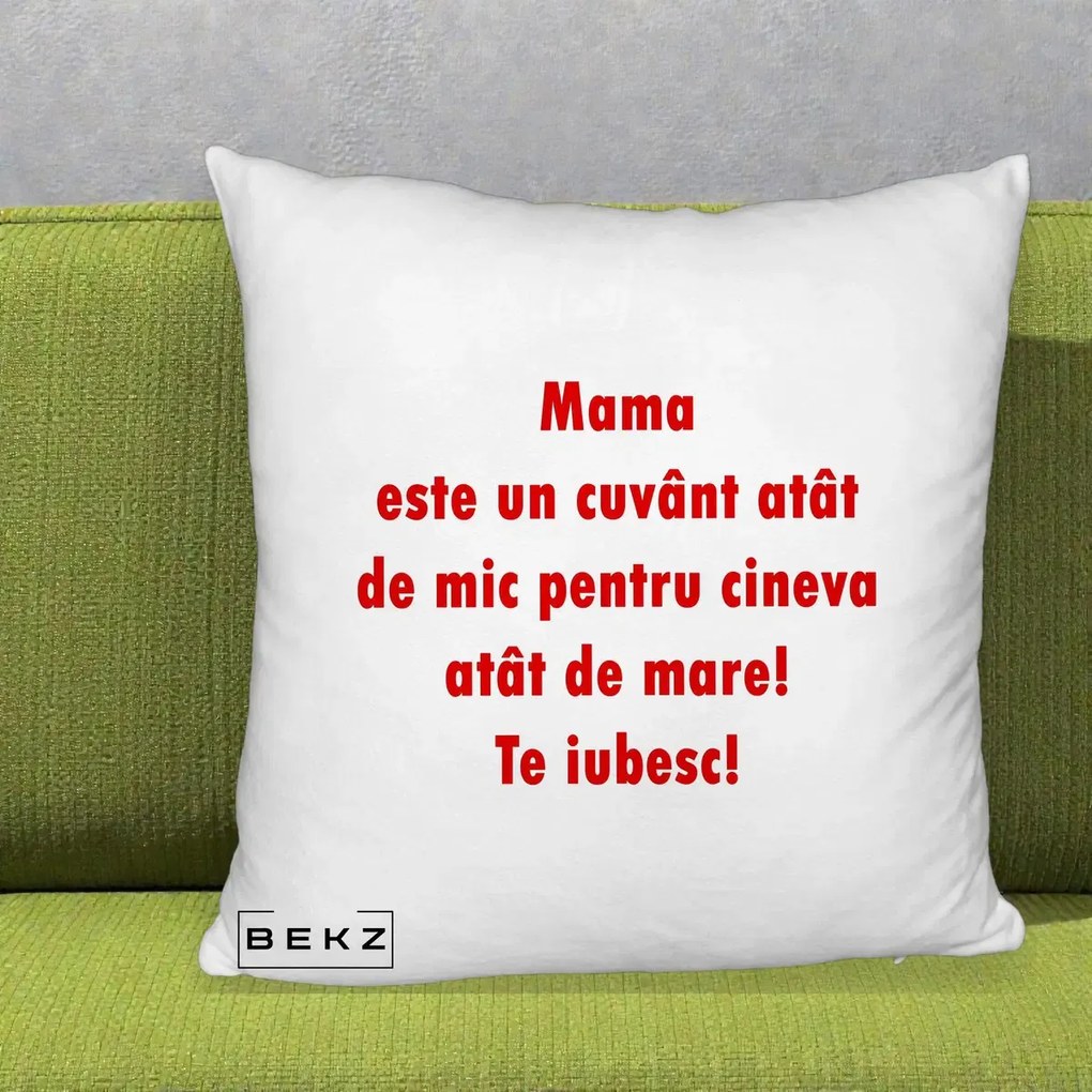 Cadou pentru Mama - Perna Personalizata Mama Cuvant Mic, 40x40 cm, Alb Pufos, Husa Detasabila, Perna Inclusa, BEKZ®