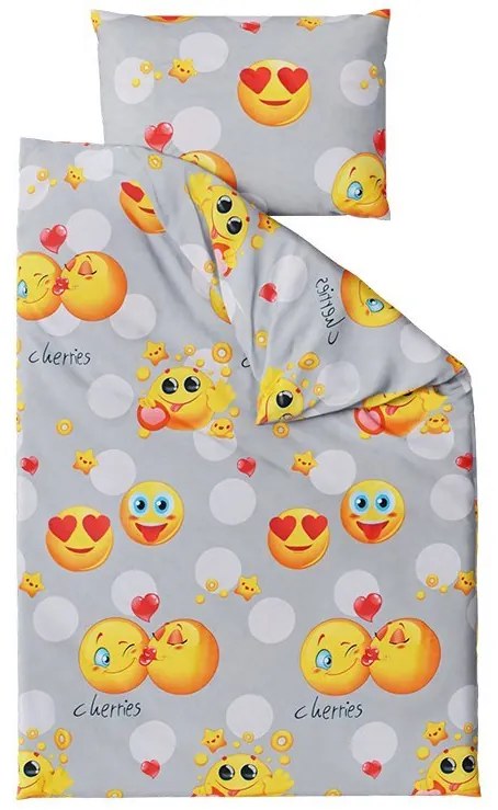 Lenjerie de pat din microfibra EMOJI gri + cearsaf jersey 90x200 cm alb